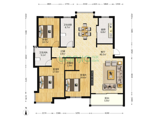 嘉利花园 3室1厅2卫 136平方