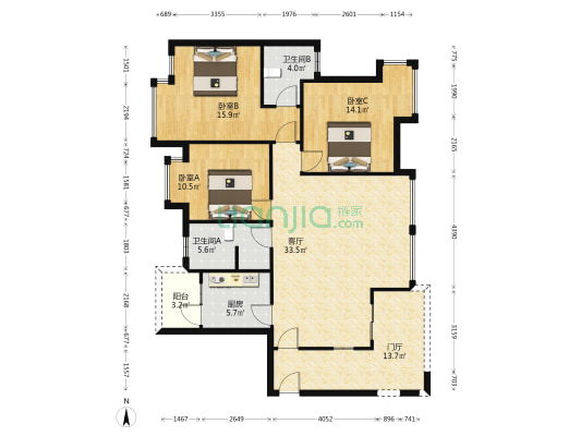 团结小区二期 3室1厅2卫 122平方