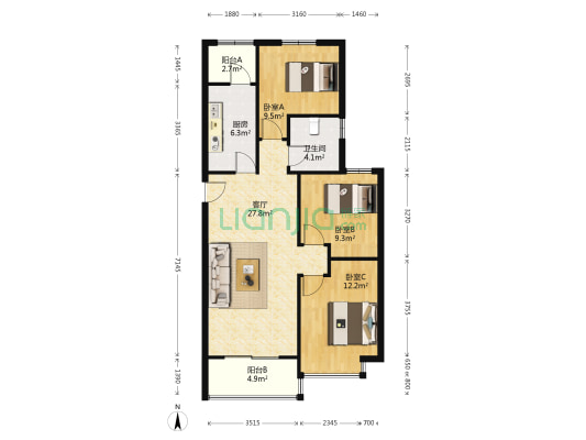 恒大城 3室1厅1卫 114平方
