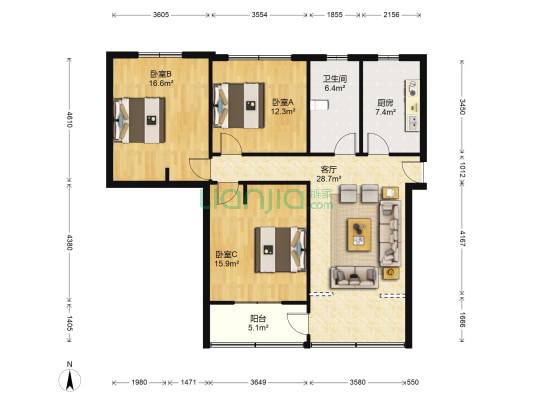 体育新村 3室1厅1卫 104平方