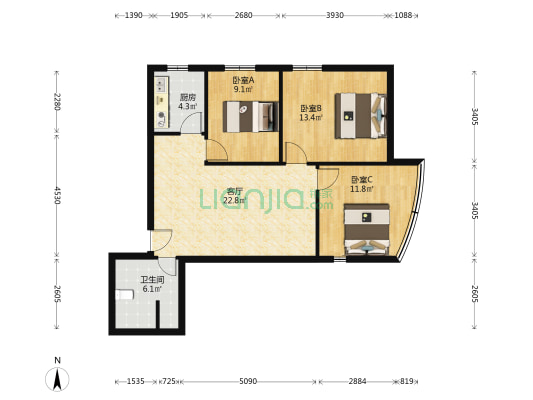 东园高层公寓 3室1厅1卫 88平方