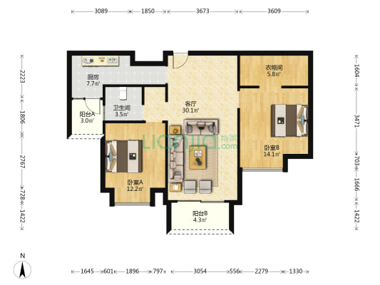十里锦绣园 2室1厅1卫 107平方