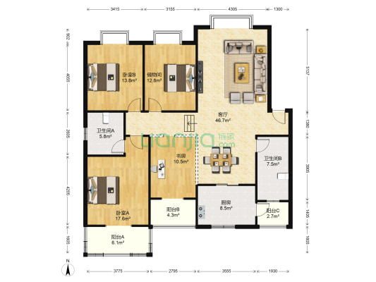 向阳名居 3室1厅2卫 156平方