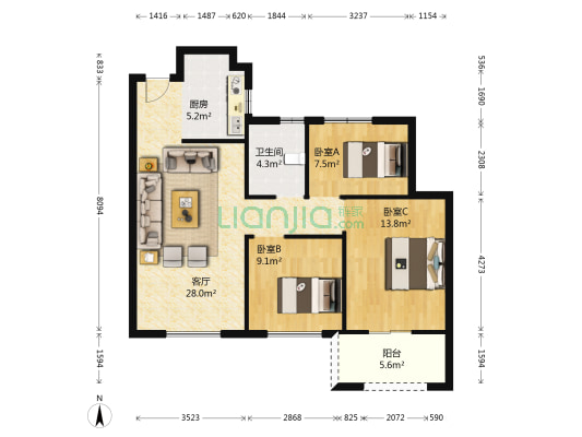 云梦清河二期 3室1厅1卫 95平方