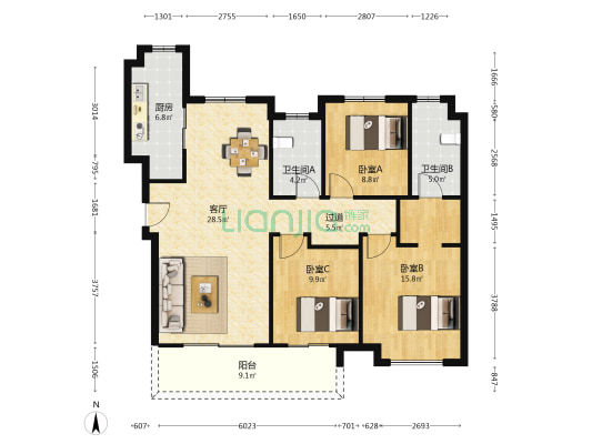 环球融创会展上东区 3室1厅2卫 124平方