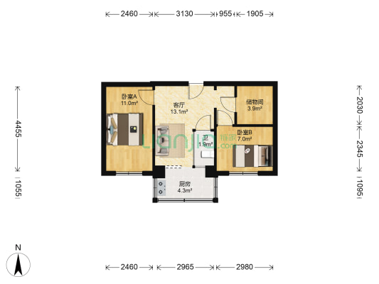 青龙路省法院宿舍 2室1厅1卫 55平方