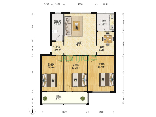中药厂宿舍 3室2厅1卫 105平方
