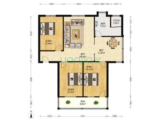 莲塘镇揭家村 3室2厅1卫 124平方