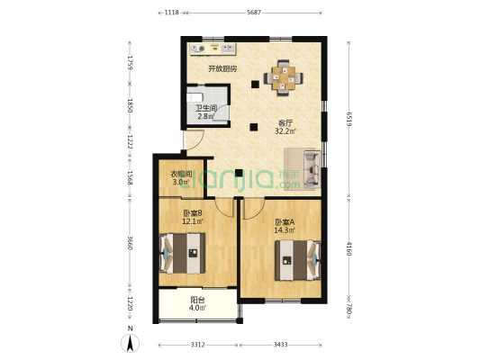 建国中路18弄 2室1厅1卫 84平方