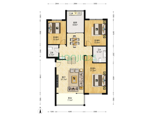 天庆嘉园星河缘 3室1厅2卫 131平方