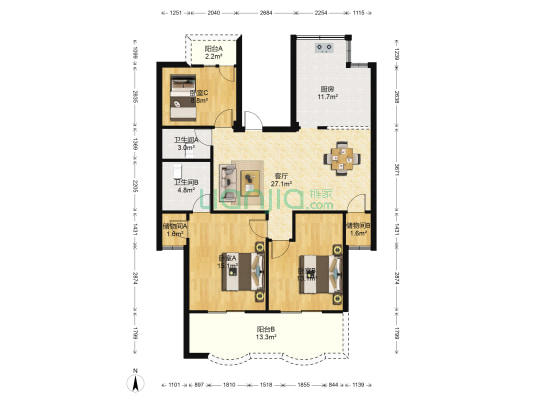 连景花园 3室1厅2卫 120平方