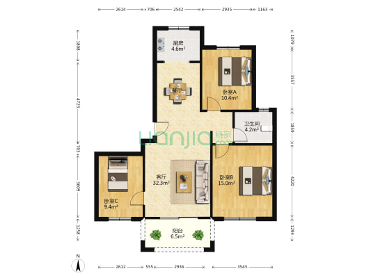 金域华府 3室1厅1卫 110平方