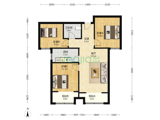 天福现河1号 3室1厅1卫 103平方