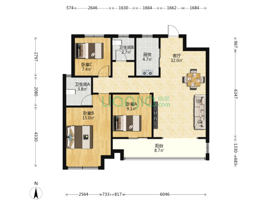 巨源城一期 3室1厅2卫 108平方