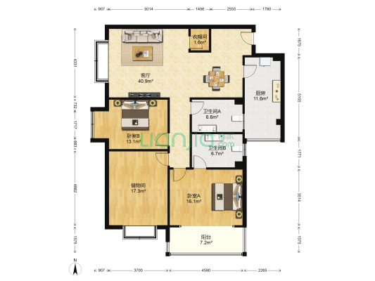 兰空西安丰登小区1号院 2室1厅2卫 154平方