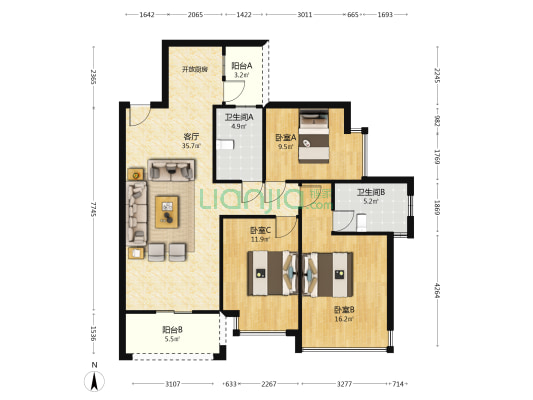 香缤1号 3室1厅2卫 106平方
