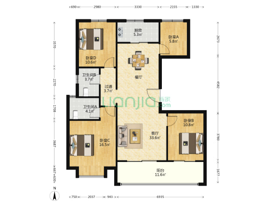 中海城南公馆一期 4室1厅2卫 132平方