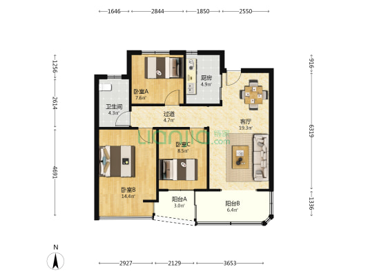 新城吾悦广场二期 3室1厅1卫 95平方