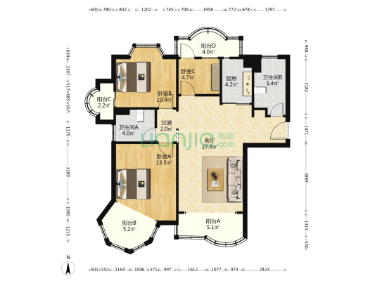 新红厦公寓 3室1厅2卫 116平方