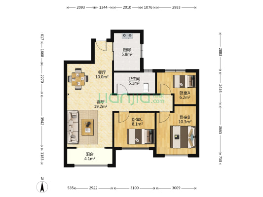 领秀城二期 3室2厅1卫 95平方