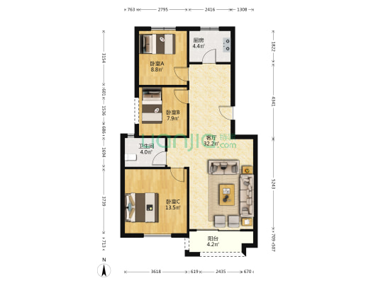 凯旋城 3室1厅1卫 90平方