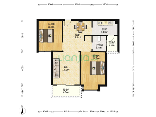 中航·白沙湾 2室2厅1卫 93平方