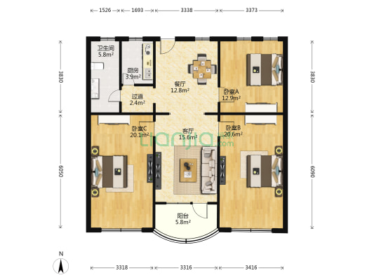 中泰公寓 3室2厅1卫 137平方