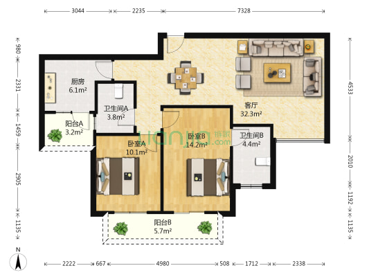 红军村楚苑 2室1厅2卫 106平方