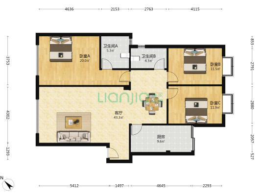 东辰苑 3室1厅2卫 127平方