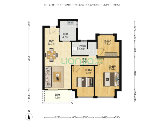 万科梅里上城 3室1厅1卫 89平方