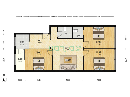 宫后路574-588号(双号) 3室2厅2卫 120平方