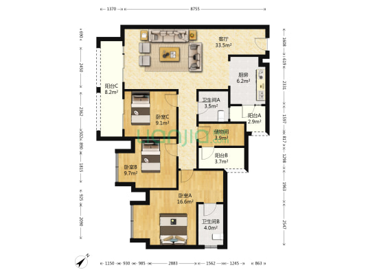 保利爱尚里尚彩 3室1厅2卫 119平方