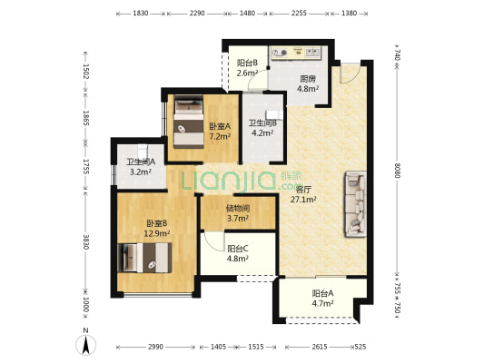 林溪康城 2室1厅2卫 92平方