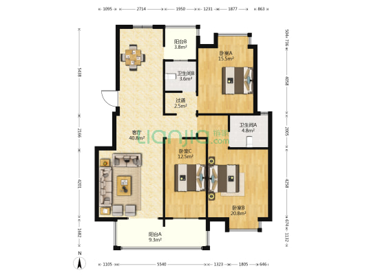 经晨时代 3室1厅2卫 127平方