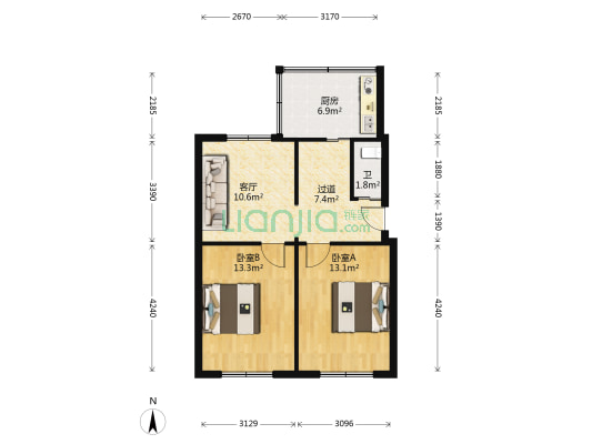 林业厅宿舍(朝阳区) 2室1厅1卫 68平方