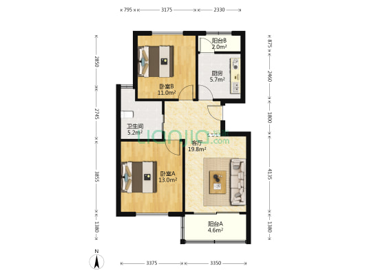 君莲新城中城苑 2室1厅1卫 83平方