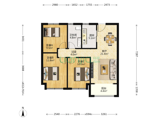 碧桂园龙城天悦 3室1厅1卫 96平方