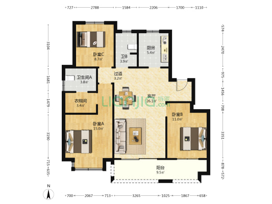 茹海苑 3室1厅2卫 111平方