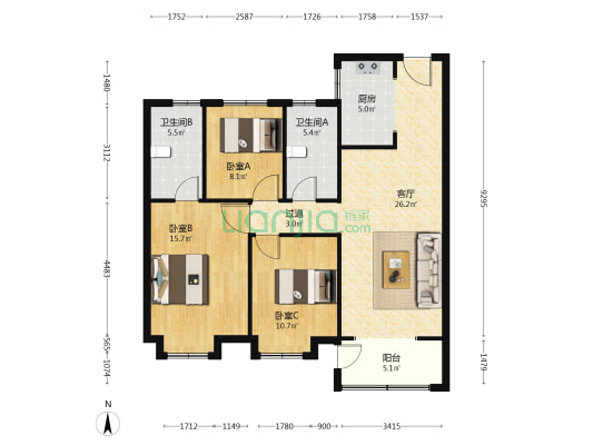 润城雅苑 3室1厅2卫 118平方