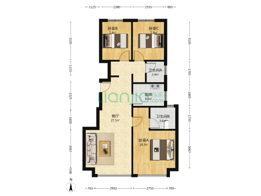 南北通透，一梯两户，全天无遮挡-户型图