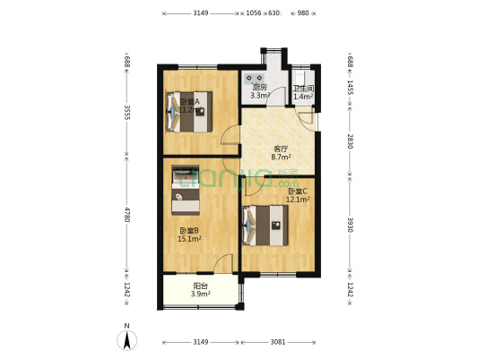 团结村 3室1厅1卫 68平方