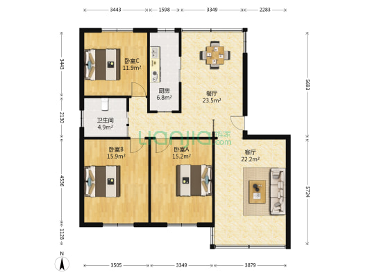 养育巷散盘 3室2厅1卫 129平方