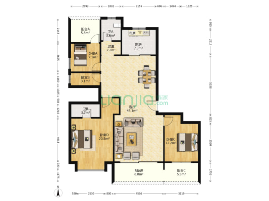 建发央玺 4室1厅2卫 152平方