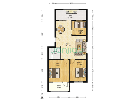 凤怡山庄 3室1厅1卫 89平方