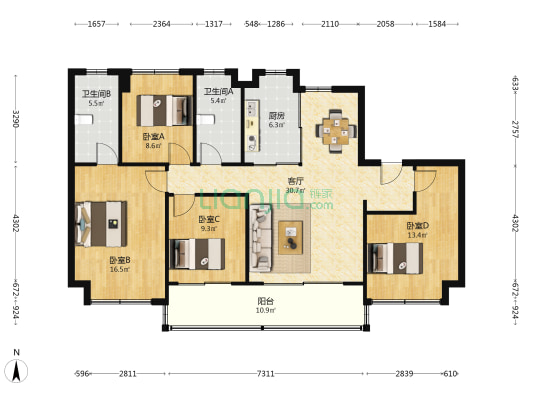 招商局中心 4室1厅2卫 137平方
