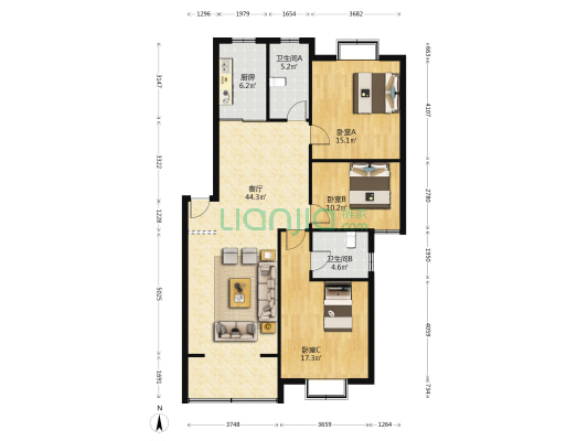 景桥茗苑北区 3室1厅2卫 120平方