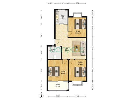 祥河苑 3室1厅1卫 90平方