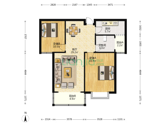向阳花园 2室1厅1卫 93平方