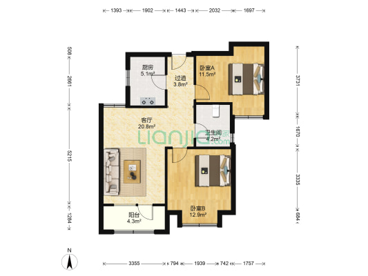 海尔博悦兰庭 2室1厅1卫 85平方