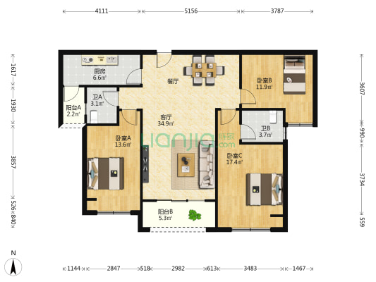 北海之滨北苑 3室1厅2卫 124平方